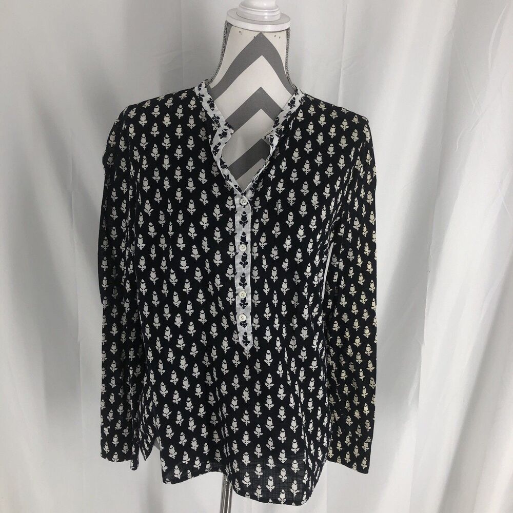 J. Crew Blouse Black Womens Size 14 1/4 Button Long Sleeve Boho